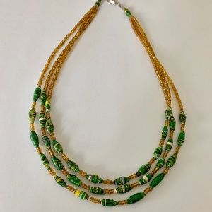 Three Strand Green & Yellow Paper Bead Necklace
